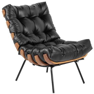 Poltrona Decorativa Sala De Estar Costela L04 Couro Preto