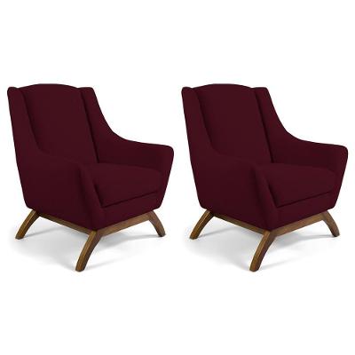 Kit 02 Poltronas Fixa Base De Madeira Veludo Marsala