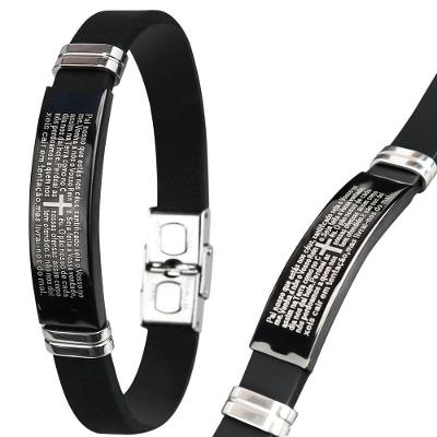 Pulseira Oração Pai Nosso Placa Silicone Preta Masculina Presente Casual Religiosa Social