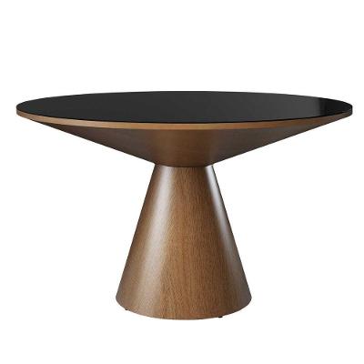Mesa De Jantar Madri Cone Chanfrada Redonda Nozes 1.40 Cm Vidro Preto