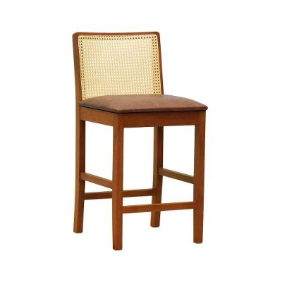 Banqueta Média Pérola Madeira Maciça Com Telinha C- 62cm Altura - Amêndoa Assento Estofado Corano Marrom Mescla
