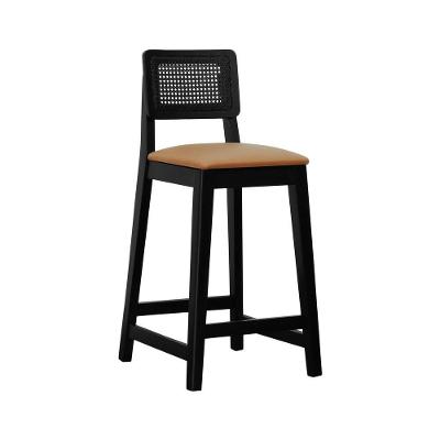 Banqueta Gabi Madeira Maciça Encosto C- Telinha C- 68cm Altura - Preto Assento Estofado Corano Caramelo