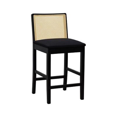Banqueta Média Pérola - Preto Assento Estofado Linho Preto Textura
