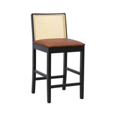 Banqueta Média Pérola - Preto Assento Estofado Corano Marrom Mescla