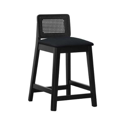Banqueta Média Gabi Madeira Maciça Telinha - Preto Assento Estofado Linho Preto Textura