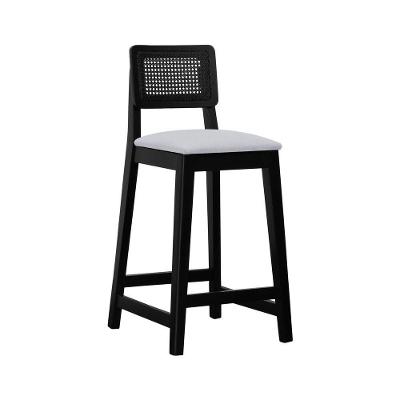 Banqueta Gabi Madeira Maciça Encosto C- Telinha C- 68cm Altura - Preto Assento Estofado Linho Bege Mescla Impermeável