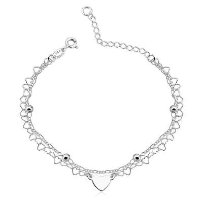 Pulseira Dupla Bolas 3mm E Corações Prata 925