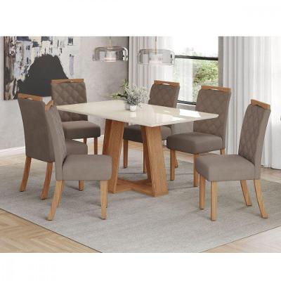Conjunto De Mesa Henn Lins Com 6 Cadeiras Bella 1,60 Nature-off White-marrom Amêndoa