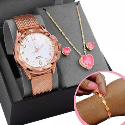 Relogio Feminino Prova Dagua Banhado + Colar + Pulseira + Caixa Zirconia Moda Presente