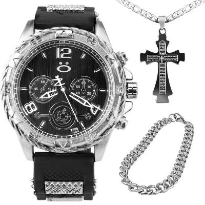 Relogio Masculino Aço Prata + Cordao Crucifixo Pulseira Ajustavel Casual Social Presente