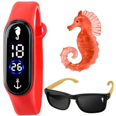 Relógio Digital Prova Dagua Infantil + Oculos Proteção Uv Presente Proteção Uv Vermelho