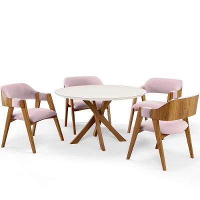 Mesa De Jantar Redonda Cora 120cm Off White M04 Com 04 Cadeiras Living Suran Suede Rosê - Lyam