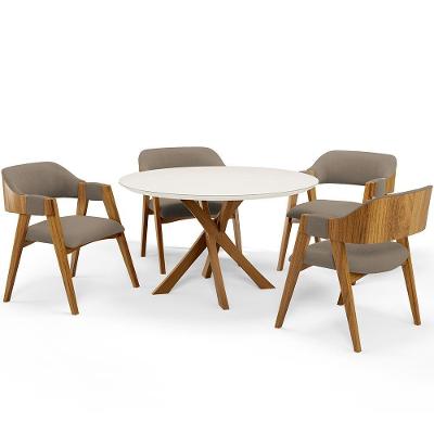 Mesa De Jantar Redonda Cora 120cm Off White M04 Com 04 Cadeiras Living Suran Bouclê Bege - Lyam