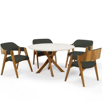 Mesa De Jantar Redonda Cora 120cm Off White M04 Com 04 Cadeiras Living Suran Linho Verde Musgo - Lyam