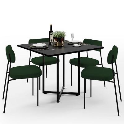 Mesa De Jantar Rivera Preto 90cm Com 04 Cadeiras Industrial Melina F01 Suede Verde Musgo - Lyam