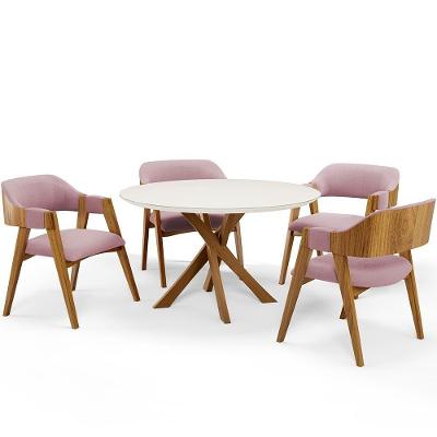 Mesa De Jantar Redonda Cora 120cm Off White M04 Com 04 Cadeiras Living Suran Bouclê Rosê - Lyam