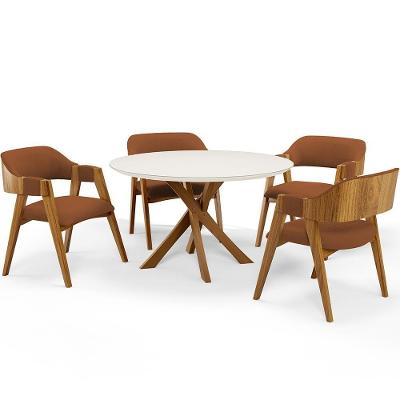 Mesa De Jantar Redonda Cora 120cm Off White M04 Com 04 Cadeiras Living Suran Bouclê Terracota - Lyam