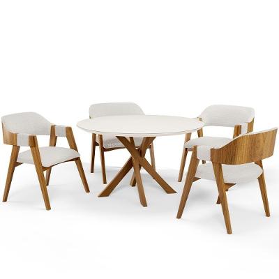 Mesa De Jantar Redonda Cora 120cm Off White M04 Com 04 Cadeiras Living Suran Bouclê Cru - Lyam
