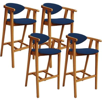 Kit 04 Banquetas Alta Cozinha Bancada Bar Sala De Jantar Fixa Cecília L02 Suede Azul Marinho - Lyam