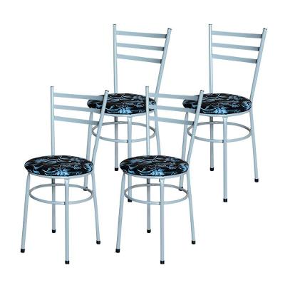 Conjunto 4 Cadeiras Epoxi Cinza Para Cozinha Assento Estampado Cor:floral Preto
