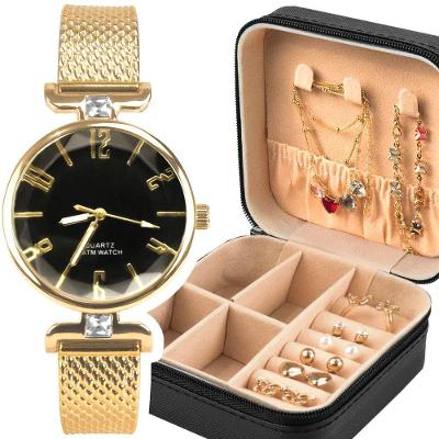 Relogio Dourado Banhado + Pulseira + Porta Joia + Colar Prova Dagua  Casual Presente Social