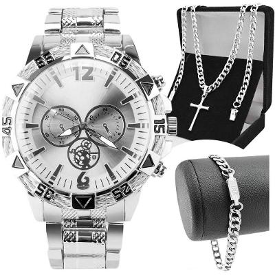 Relogio Masculino Aço Prova Dagua + Pulseira + Cordão Cruz Presente Analogico Social Casual Prata