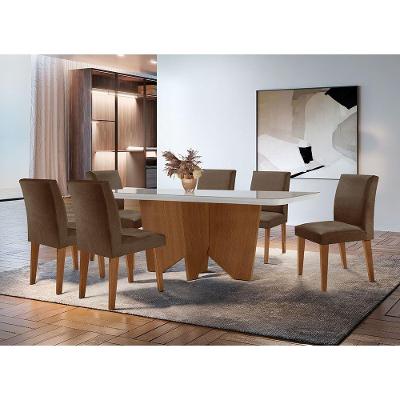 Sala De Jantar Mesa Evora Canto Copo Com 6 Cad Grecia Rufato Vel. Marrom/off White/imbuia
