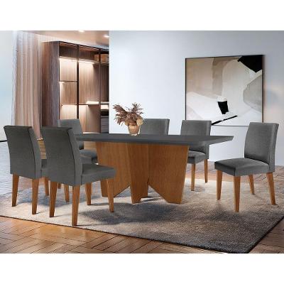 Sala De Jantar Mesa Evora Canto Copo 6 Cad. Grecia Rufato Linho Grafite E Imbuia