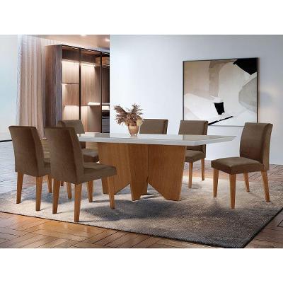 Sala De Jantar Mesa Evora Canto Reto Com 6 Cad Grecia Rufato Vel. Marrom/off White/imbuia
