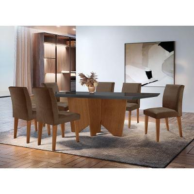 Sala De Jantar Mesa Evora Canto Reto Com 6 Cad Grecia Rufato Veludo Marrom/grafite/imbuia