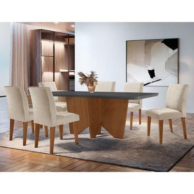 Sala De Jantar Mesa Evora Canto Copo 6 Cad. Grecia Rufato Veludo Creme/grafite/imbuia