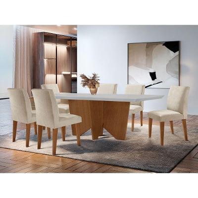 Sala De Jantar Mesa Evora Canto Reto 6 Cade. Grecia Rufato Veludo Creme/off White/imbuia
