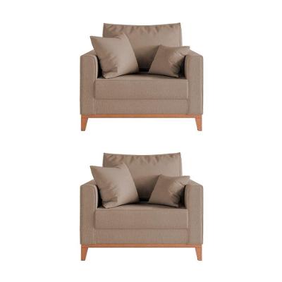 Kit 2 Poltronas Beny Decorativa Com 2 Almofadas Veludo Bege Base Em Madeira Maciça - Cor: Bege