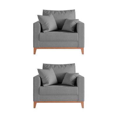 Kit 2 Poltronas Beny Para Recepção Com 2 Almofadas Linho Cinza Base Em Madeira Maciça - Cor: Cinza