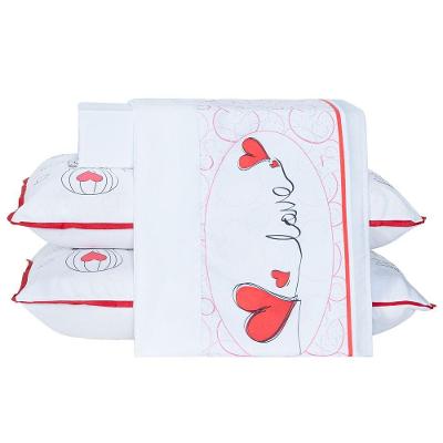 Jogo De Cama Lençol Coração Love Branco Casal Padrão 04 Peças - Percal 200 Fios