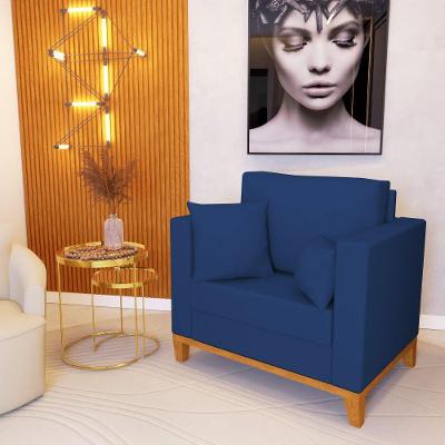 Poltrona Beny Decorativa Com 2 Almofadas Veludo Azul Base Em Madeira Maciça - Cor: Azul