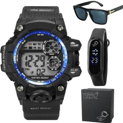 Relógio Prova Dagua Infantil + Caixa + Oculos Protecao Uv Resistente Data Original Esportivo Alarme