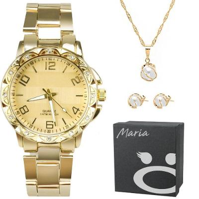 Relógio Feminino Banhado Aço Strass + Colar Brincos + Caixa Prova Dagua Qualidade Premium Social