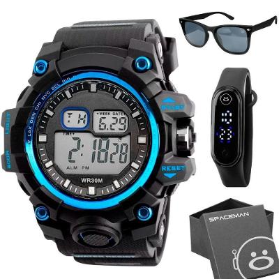 Relogio Prova Dagua Digital + Oculos Sol Proteção Uv + Caixa Original Robusto Alarme Grande Azul