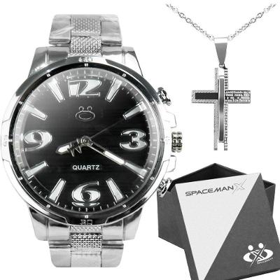 Relogio Masculino Aço Inox + Caixa + Cordão Pingente Cruz Qualidade Premium Social Original Casual