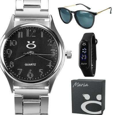 Relogio Feminino Prata Aço Inox + Oculos Proteção Uv + Caixa Qualidade Premium Casual Social Preto