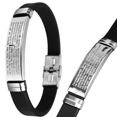 Pulseira Silicone Pai Nosso Placa Aço Inox Prata Masculina Estiloso Religioso Ajsutavel Preta Casual