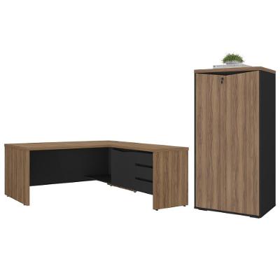 Mesa Em L Com Armário 3 Prateleiras Natal Nogal Preto