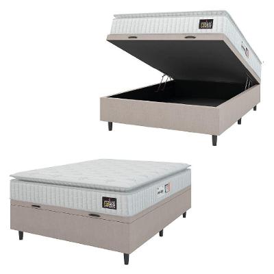 Cama Box Baú Colchão Casal Espuma D33 Vangogh Pillow Top 138x188x70cm Branco-Bege Hellen Suporta até 120kg por Pessoa