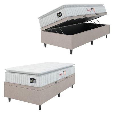 Cama Box Baú Colchão Solteiro Espuma D45 Lazio Pillow Top 88x188x70cm Branco-Bege Hellen Suporta até 120kg por Pessoa