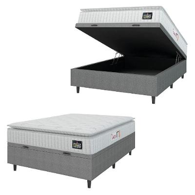 Cama Box Baú Colchão Casal Espuma D45 Lazio Pillow Top 138x188x70cm Branco-Cinza Hellen Suporta até 120kg por Pessoa