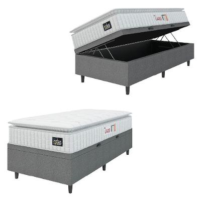 Cama Box Baú Colchão Solteiro Espuma D45 Lazio Pillow Top 88x188x70cm Branco-Cinza Hellen Suporta até 120kg por Pessoa