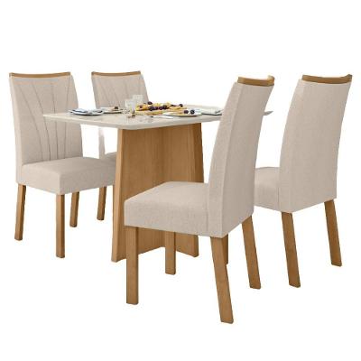 Conjunto Mesa De Jantar 1,20 Com Vidro E 4 Cadeiras Tecido Linho Bege Amendoa Clean-off White