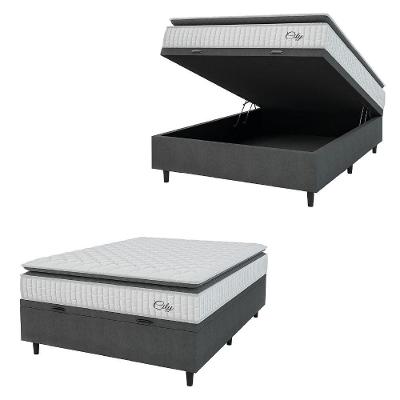 Cama Box Baú Colchão Casal Molas Ensacadas City Pillow Top 138x188x64cm Branco-Preto Hellen Suporta até 110kg por Pessoa
