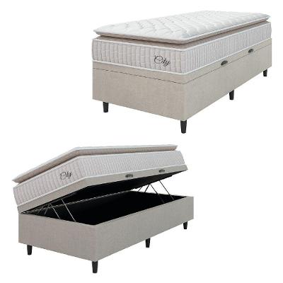 Cama Box Baú Colchão Solteiro Molas Ensacadas City Pillow Top 88x188x64cm Branco-Bege Hellen Suporta até 110kg por Pessoa